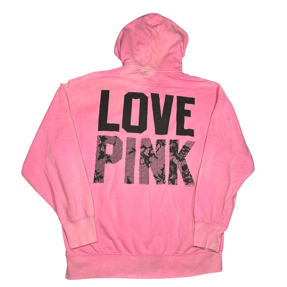 Pink Victoria's Secret Full Zip Hoodie Pink Lace Heart Graphic Large